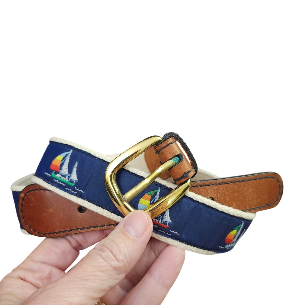 Canterbury Mens Sailboat Embroidered Surcingle Belt Navy Leather Brass Size 36